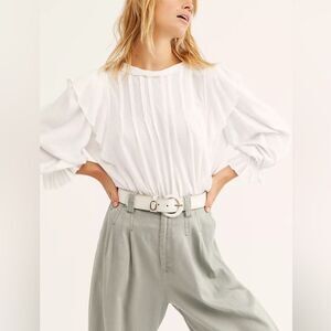 Romantic Free People Blousan Top with flutter neck and puff sleeves size small